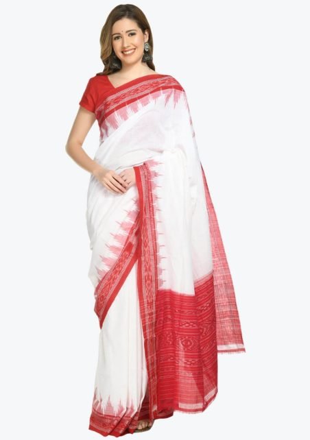 white-and-red-pure-sambalpuri-handloom-ikat-cotton-saree-fabsa21704